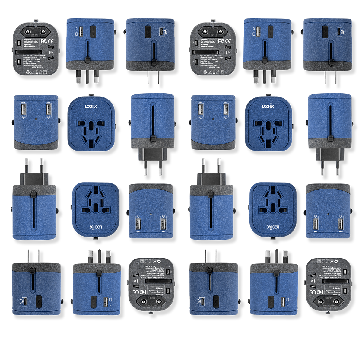 A textured green and black universal travel adapter. Features 3 build in USB chargers and works in over 150 countries. This world travel adapter kit allows you to charge 5 devices simultaneously. The US, Australia, Europe and Asia plugs fold away when not in use for easy transportation.